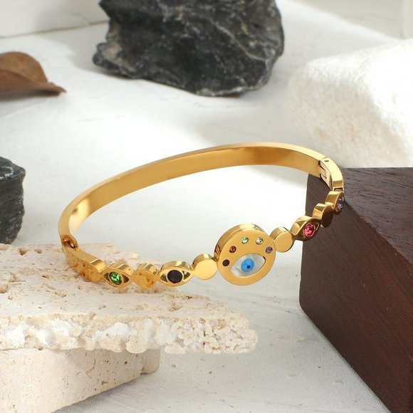 Evil Eye Bracelet, Protection Birthstone Bracelet, Gold Bangle Cuff Bracelet - Picture 4 of 10